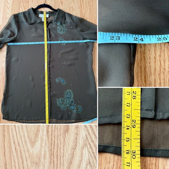 Norton Womens Sheer Button-Up Blouse size XL Paisley Print Accents Olive Green - Picture 6 of 9